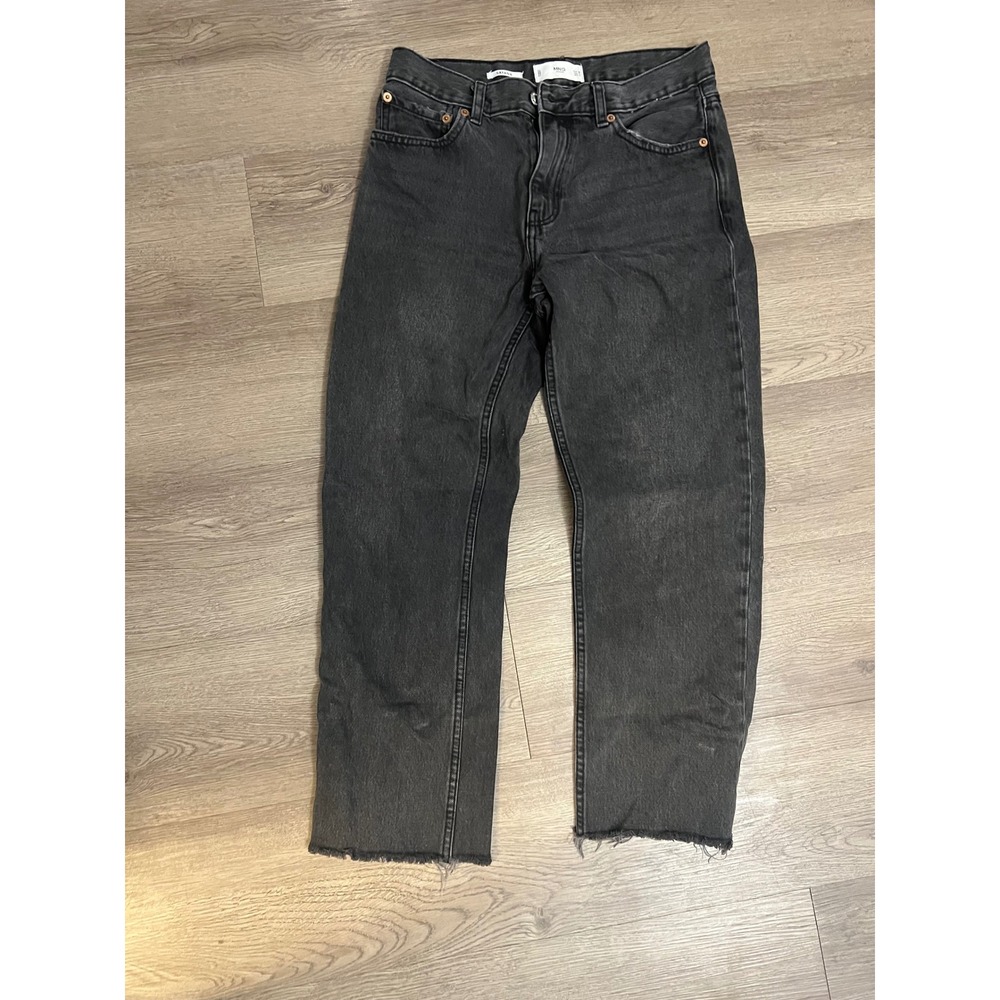 Mango Women Washed Black High Waist Straight Leg Raw Hem Denim Jeans Size 4